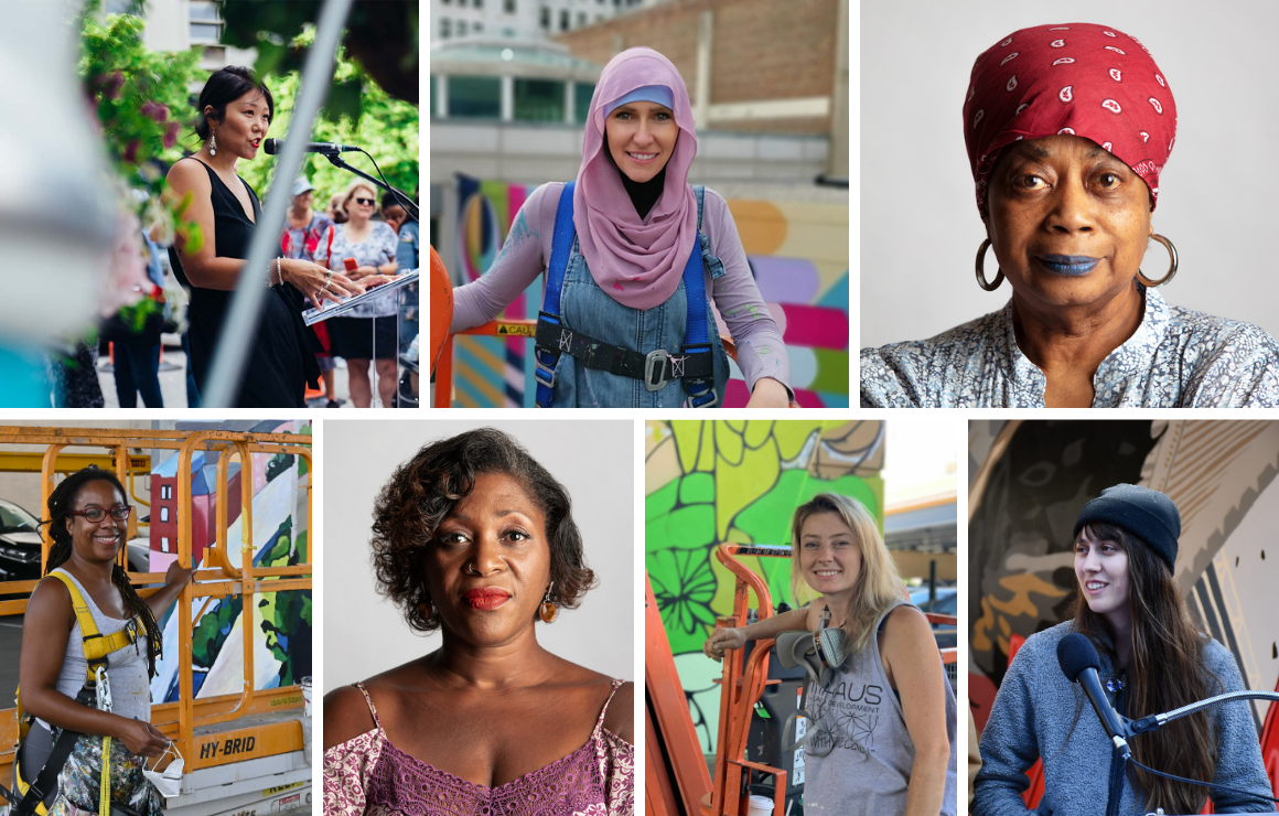 top left: Emma Daisy Gertel, Jaime Brown, Della Wells. bottom left: Tia Richardson, Dasha Kelly Hamilton, Josephine Rice, and Katie Batten,