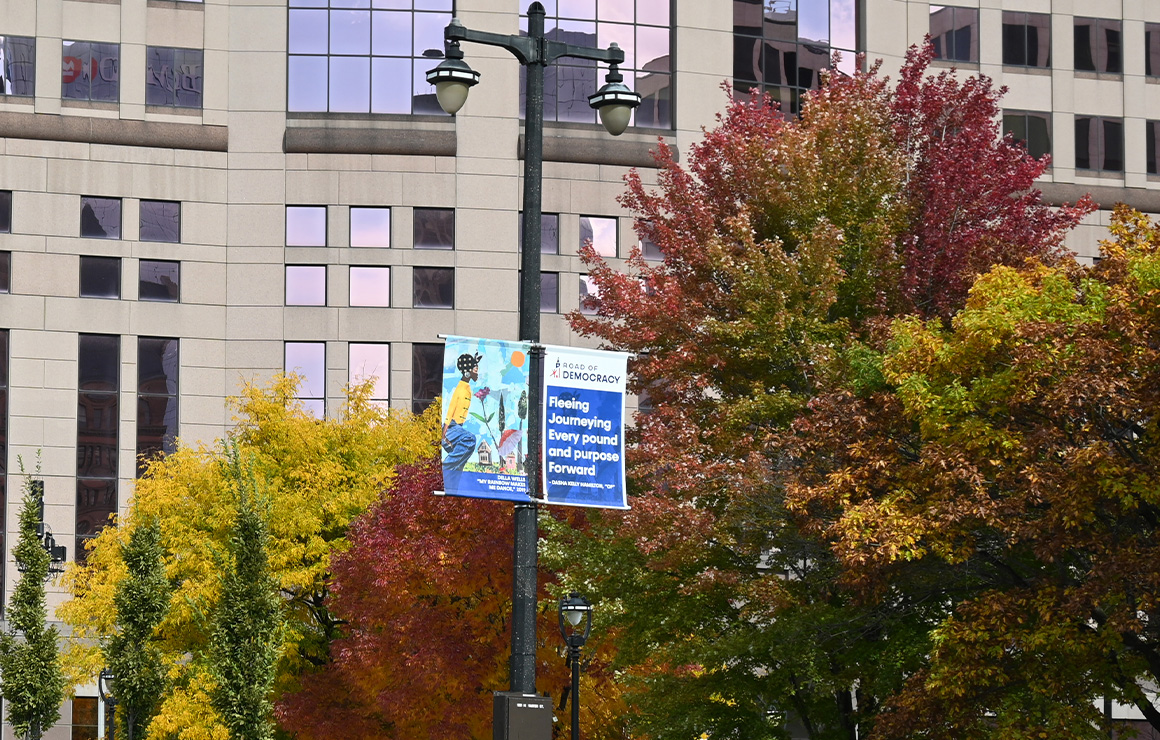 Road of Democracy banner Milwaukee Downtown 